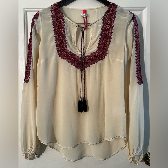 PLENTY by TRACY REESE XS Ivory Boho Blouse Tassel Tie Red Blue Black Embroidery - Picture 2 of 12